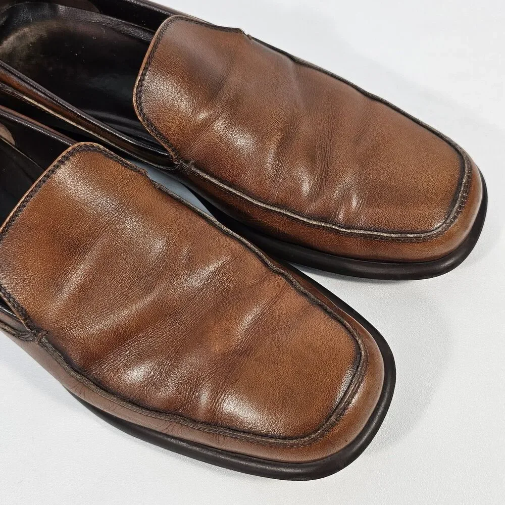 Salvatore Ferragamo Men’s Brown Leather Square Toe Slip-On Loafers Size 9.5 D